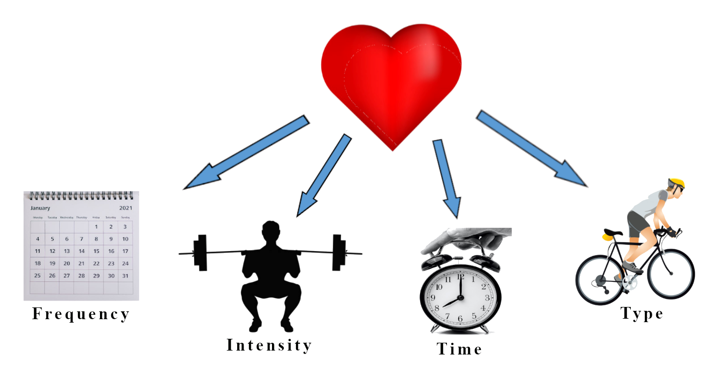 F.I.T.T. Principle diagram showing a heart connected by arrows to Frequency, Intensity, Time, and Type.