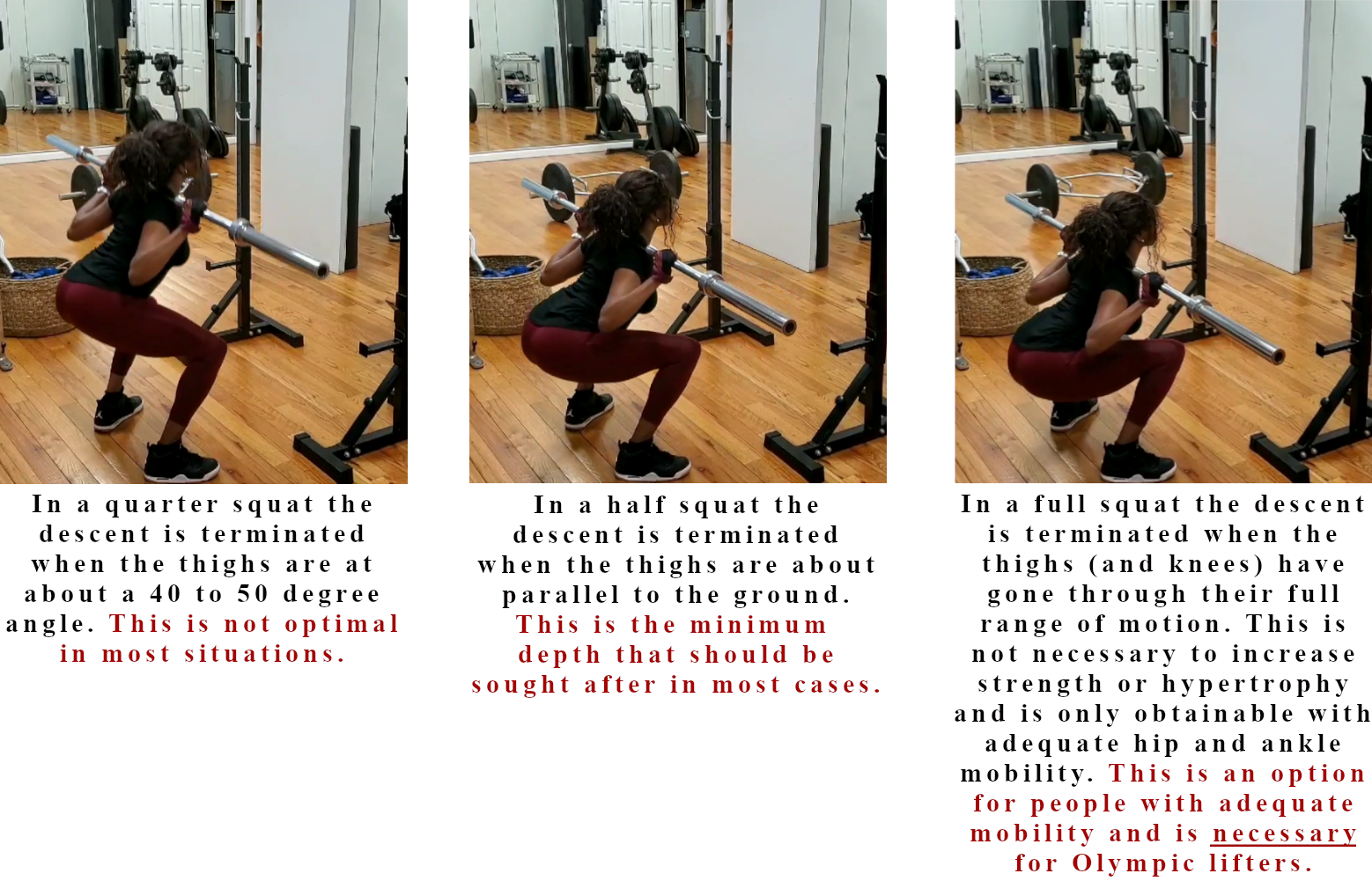 Quarter, half, and full squat depth examples.