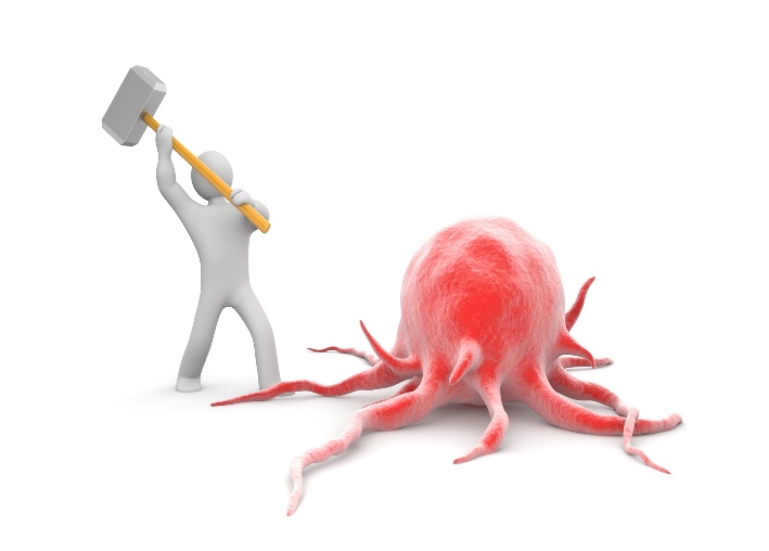 Stylized cancer staging visual with a person striking a red cancer cell-like shape.