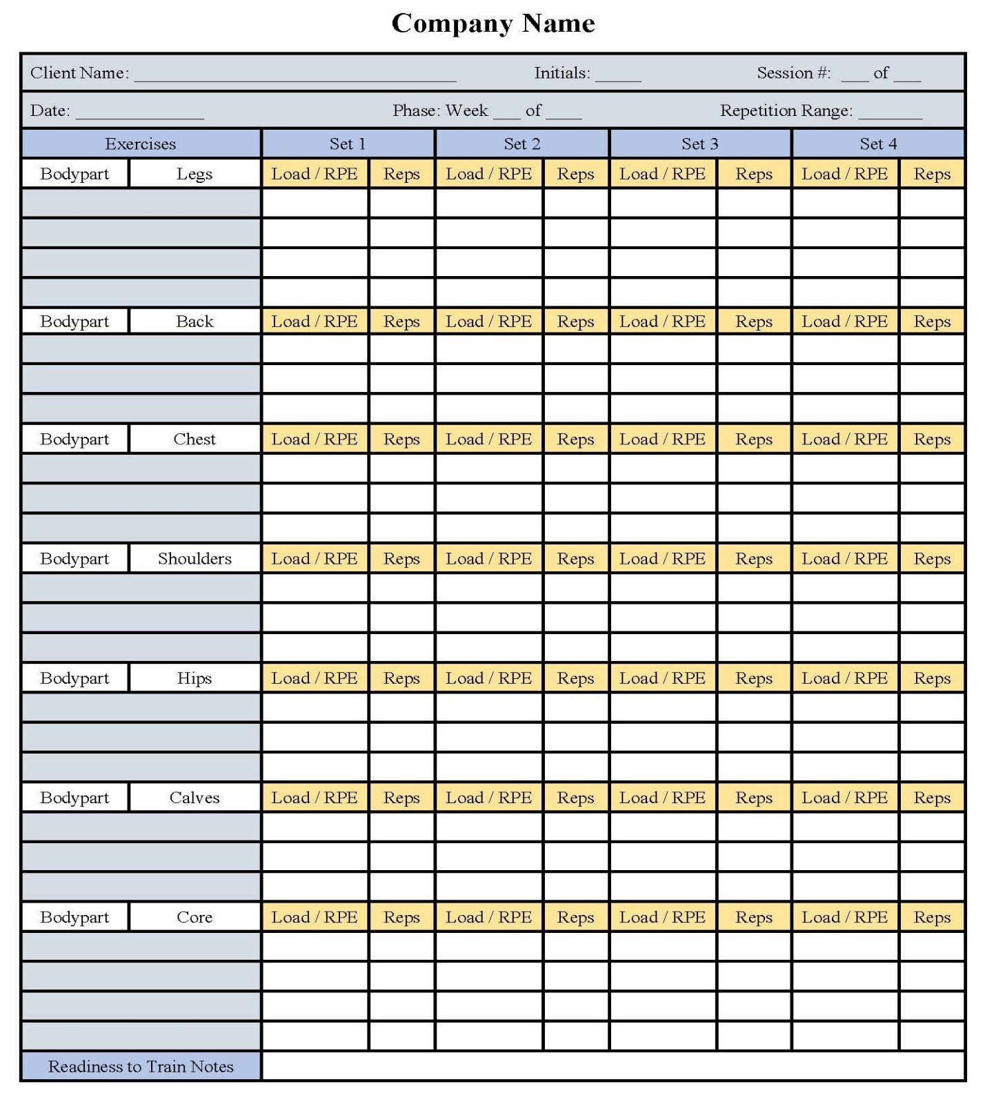 Training log template with sets, load, RPE, repetitions, and readiness notes.